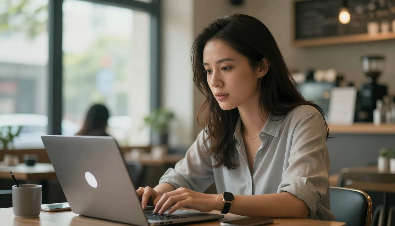 Female startup founder working on arcads ai project in trendy cafe, natural daylight, determined expression - arcads ai