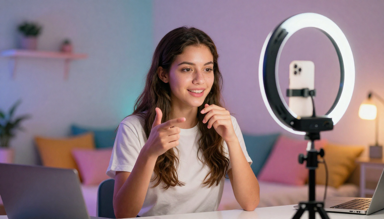 Gen Z influencer creating arcads ai content with smartphone on tripod, colorful bedroom setup, ring light - arcads ai