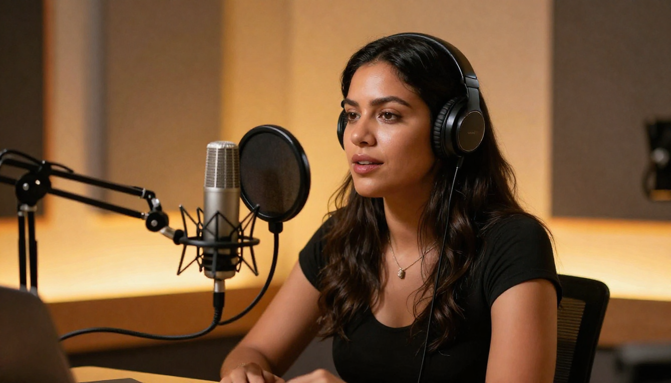 Hispanic woman recording arcads ai tutorial, professional podcast studio, warm amber lighting - arcads ai