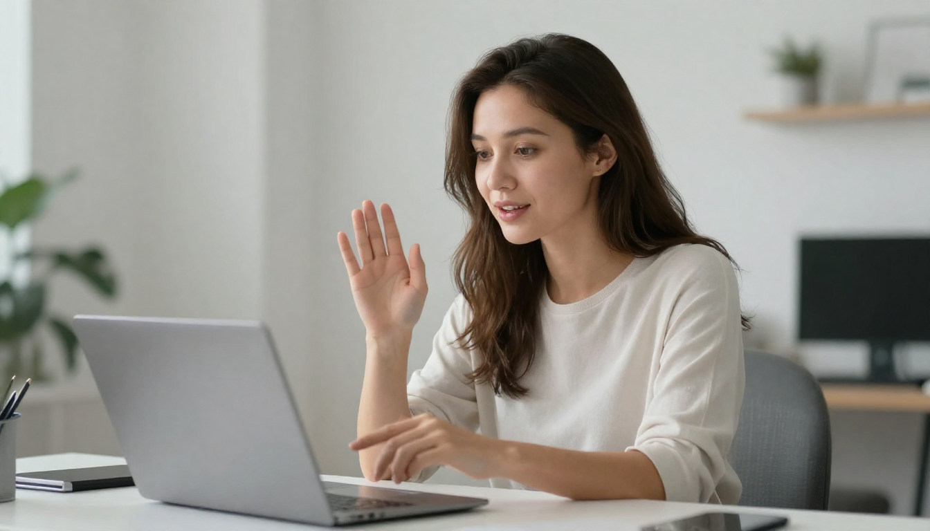 Woman in her 30s discussing arcads ai on video call in minimalist Scandinavian office, soft lighting - arcads ai