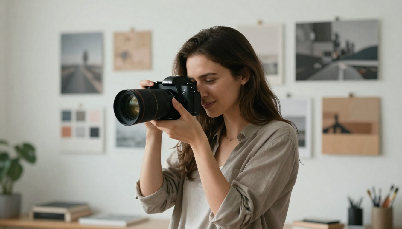 Female photographer using arcads ai for client work, creative studio with mood boards on wall - arcads ai