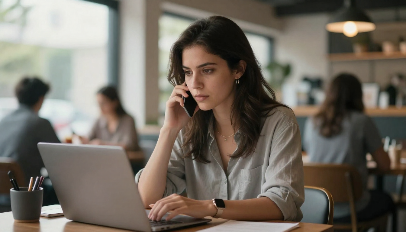 Female startup founder working on arcads ai project in trendy cafe, natural daylight, determined expression - arcads ai