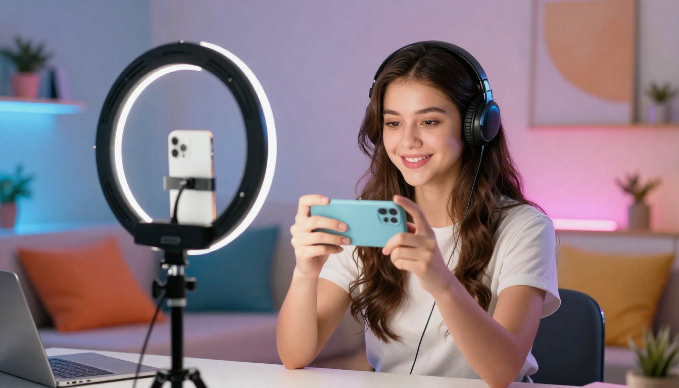 Gen Z influencer creating arcads ai content with smartphone on tripod, colorful bedroom setup, ring light - arcads ai