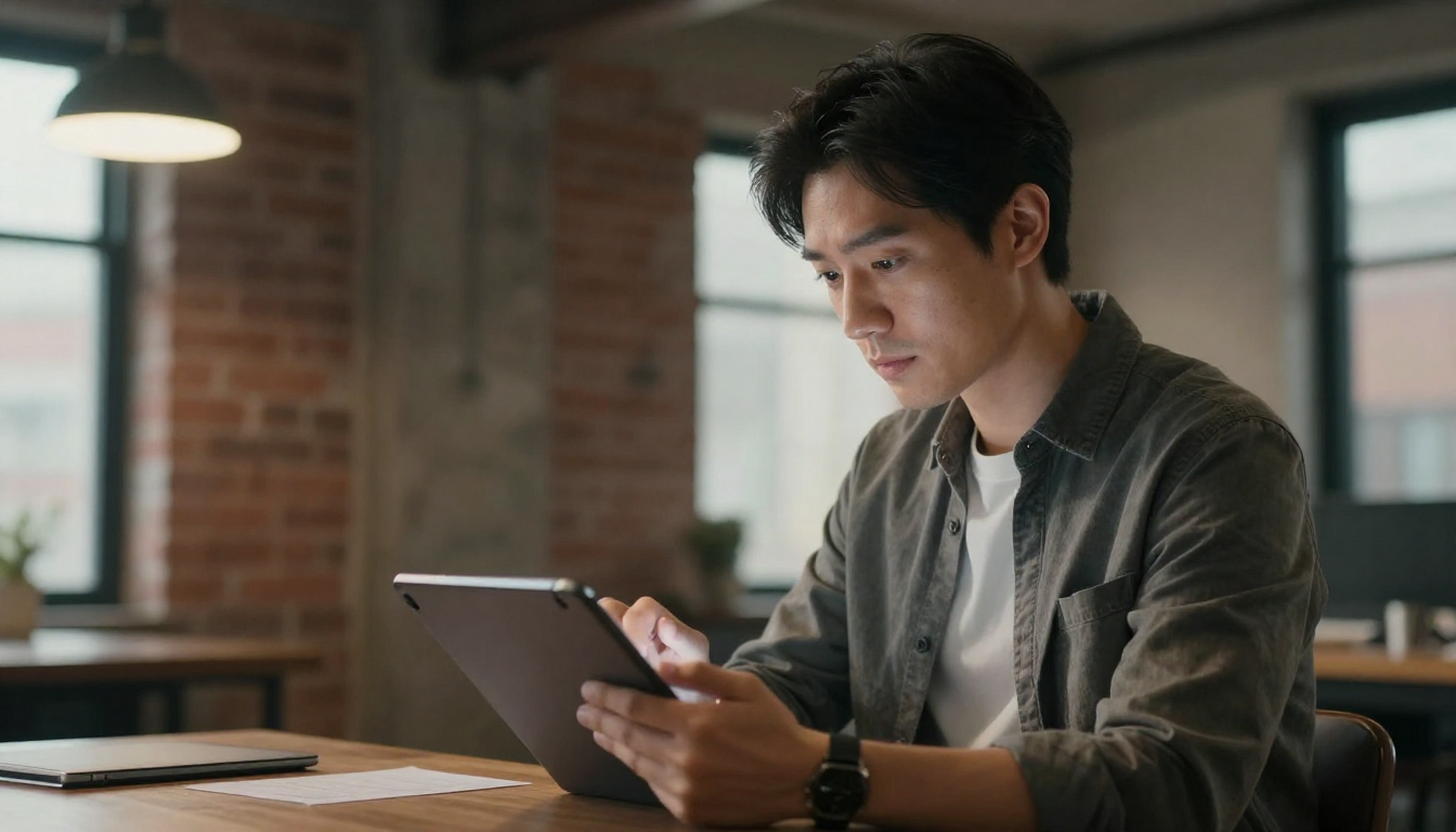 Creative director brainstorming acardi campaign ideas on tablet, industrial loft with exposed brick - acardi