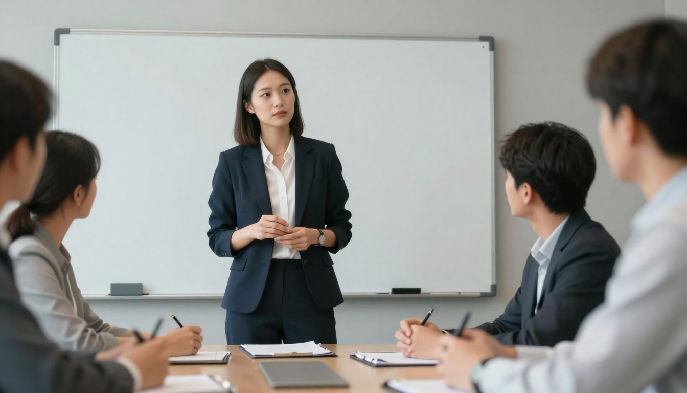 Professional woman presenting acardi results in team meeting, modern conference room, whiteboard behind - acardi