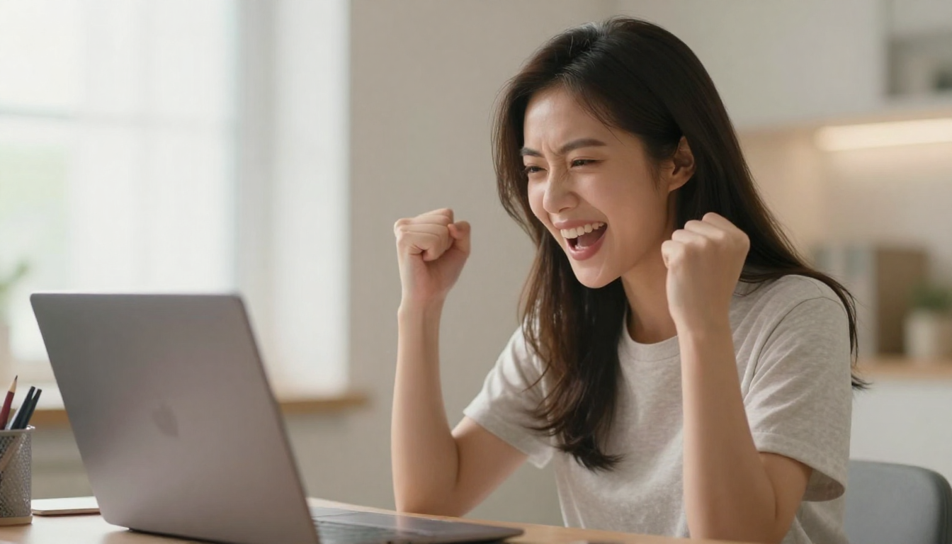 Young woman celebrating acardi campaign success, laptop open with graphs, fist pump expression - acardi