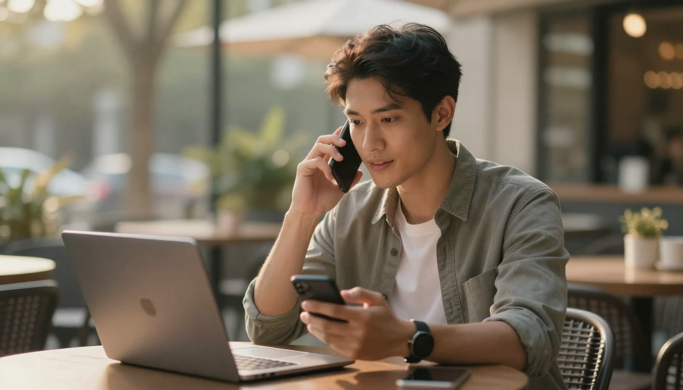 Male freelancer comparing acardi options on phone, outdoor cafe terrace, golden hour lighting - acardi