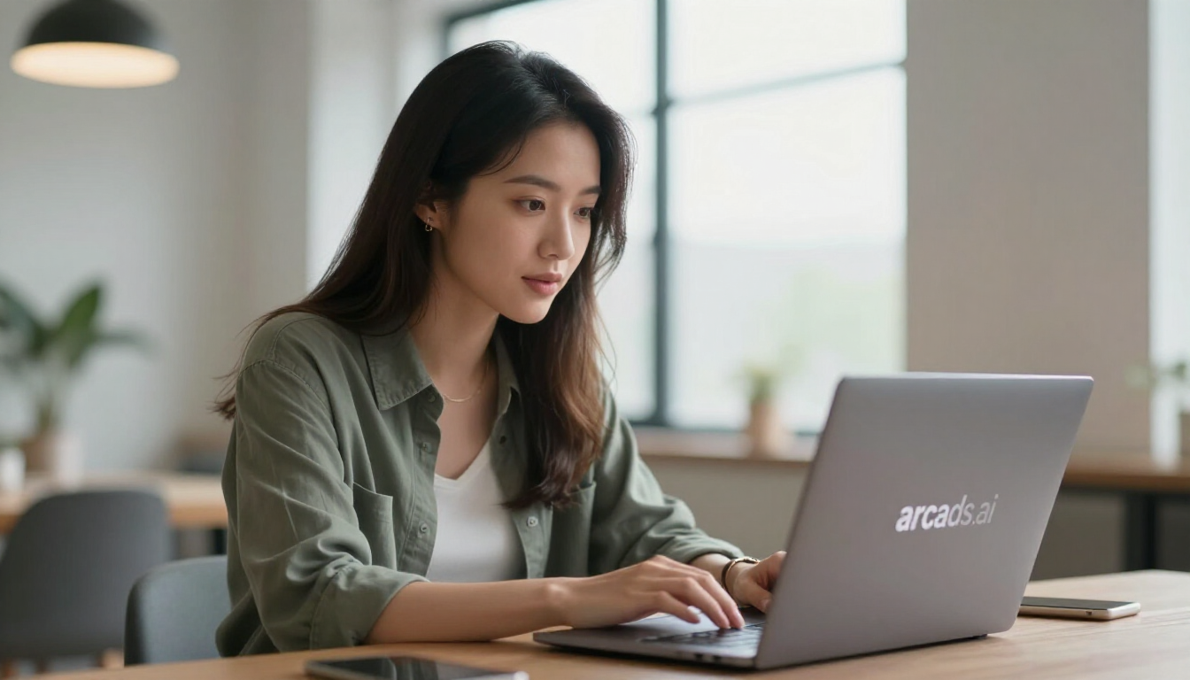 Young woman content creator reviewing arcads.ai on laptop in a bright modern loft, natural window light, casual stylish outfit - arcads.ai