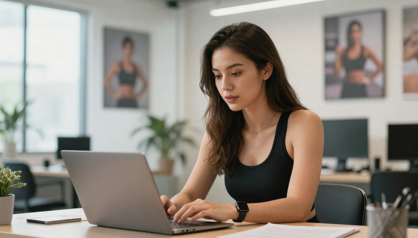 Woman fitness influencer integrating arcads.ai into workflow, bright gym office, motivational posters - arcads.ai