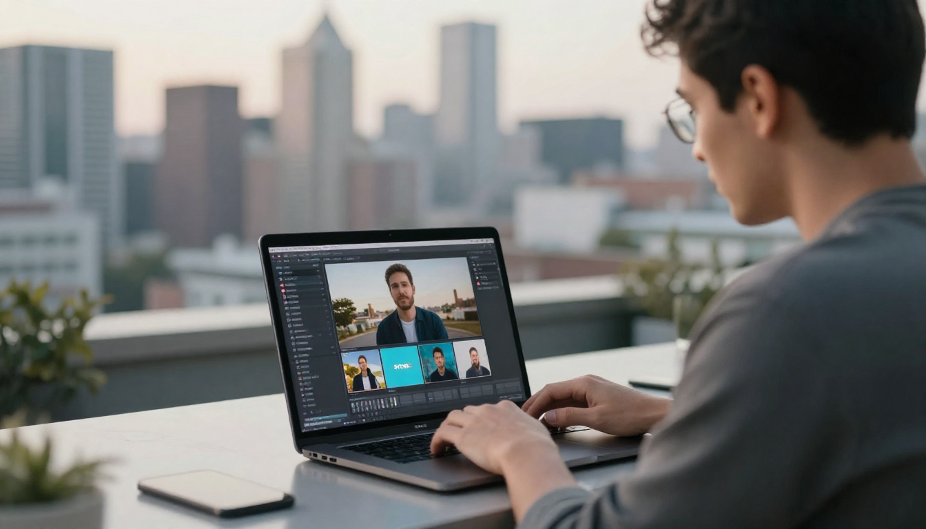 Male content strategist editing arcads.ai video on MacBook, rooftop terrace with city skyline backdrop - arcads.ai