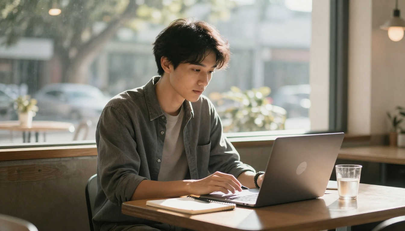 Solo entrepreneur scaling with arcads.ai, coffee shop window seat, laptop and notebook, morning light - arcads.ai