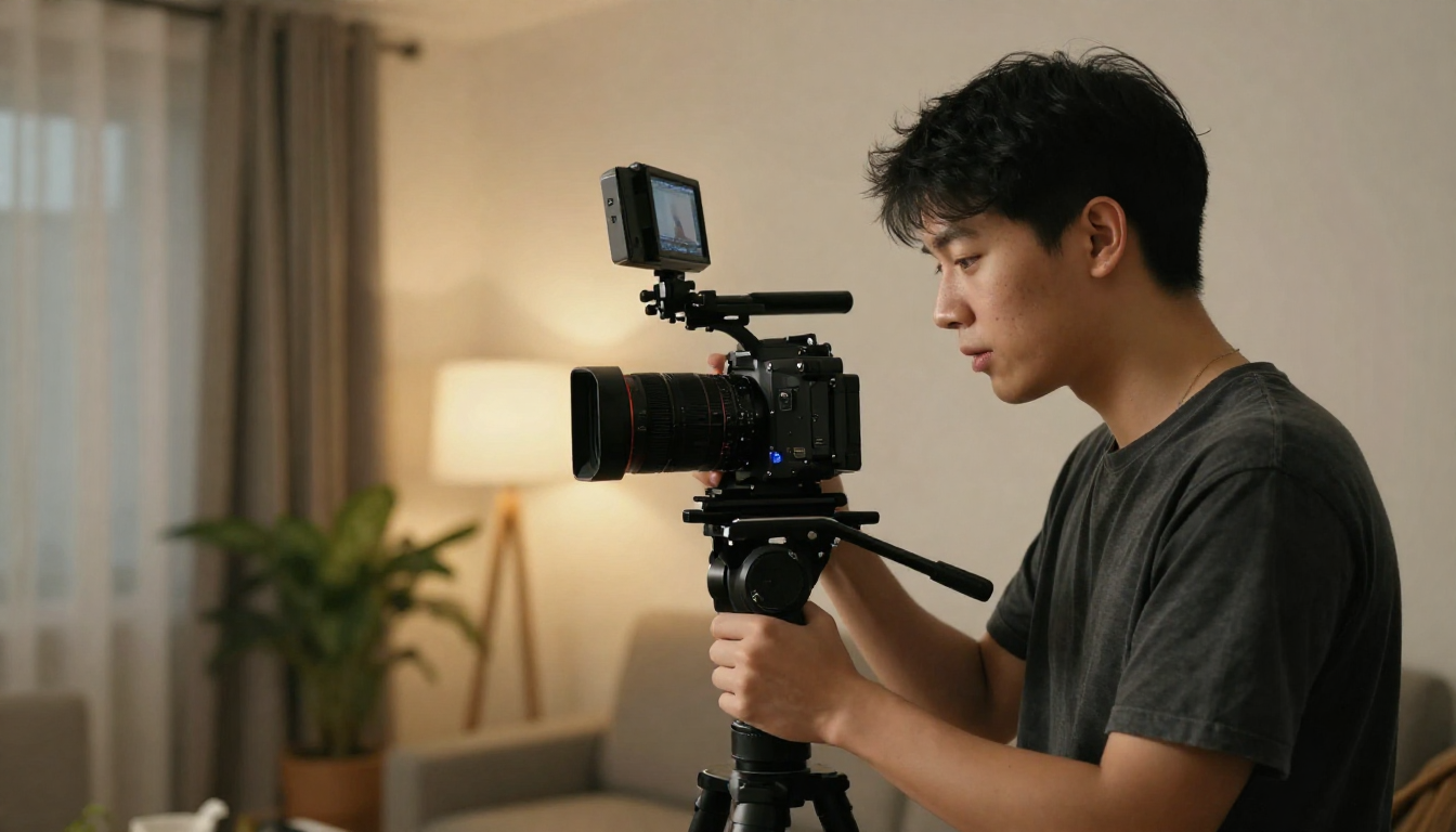Young man filming arcads.ai review video with professional camera setup, studio apartment, warm tones - arcads.ai