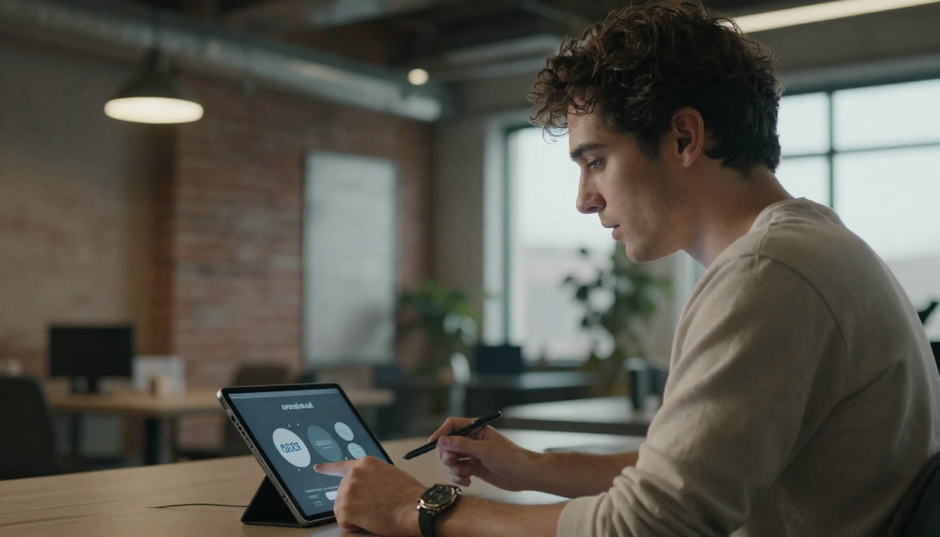 Creative director brainstorming arcads.ai campaign ideas on tablet, industrial loft with exposed brick - arcads.ai