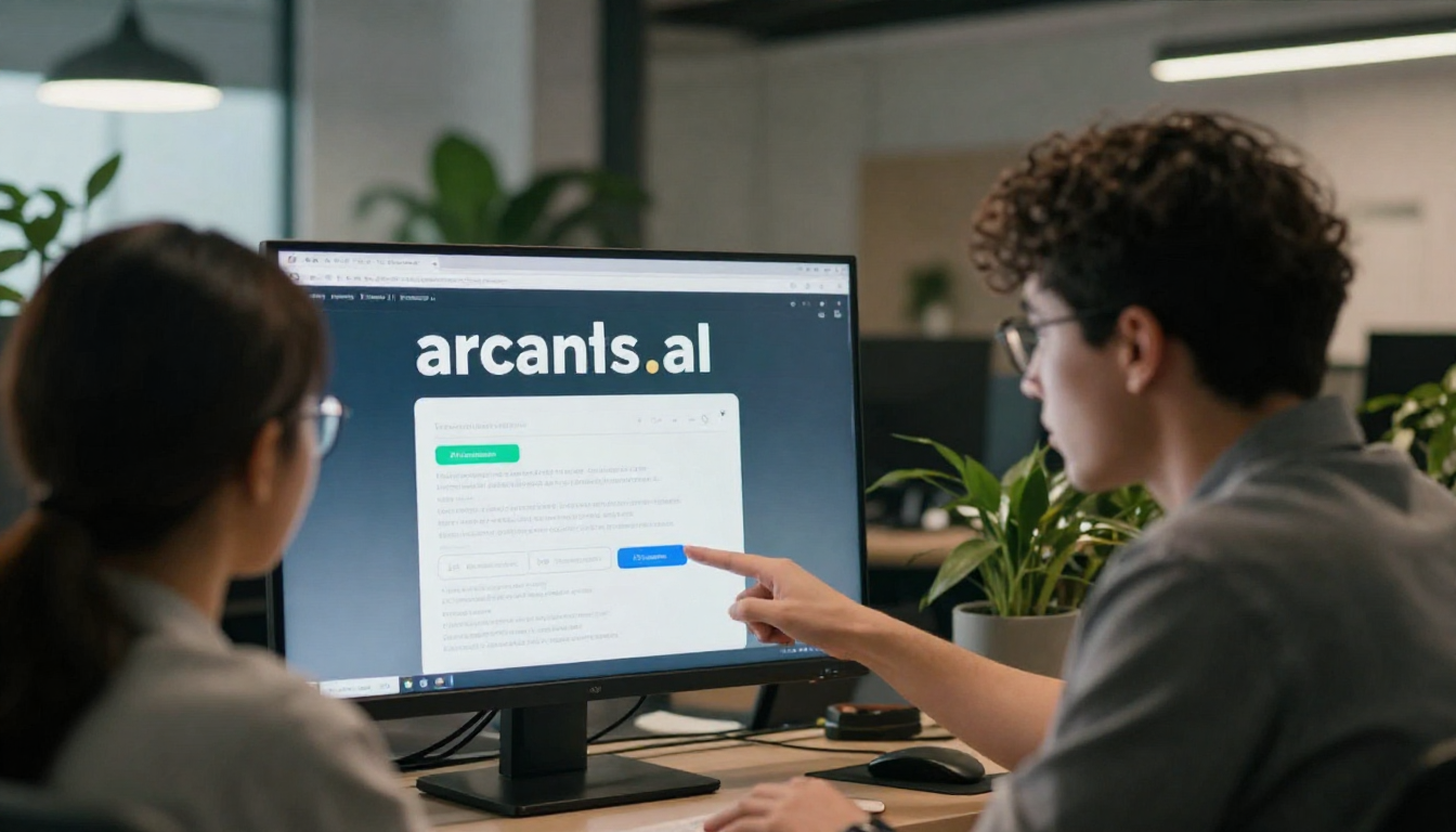 Creative team of two reviewing arcads.ai output on shared screen, trendy office with plants - arcads.ai