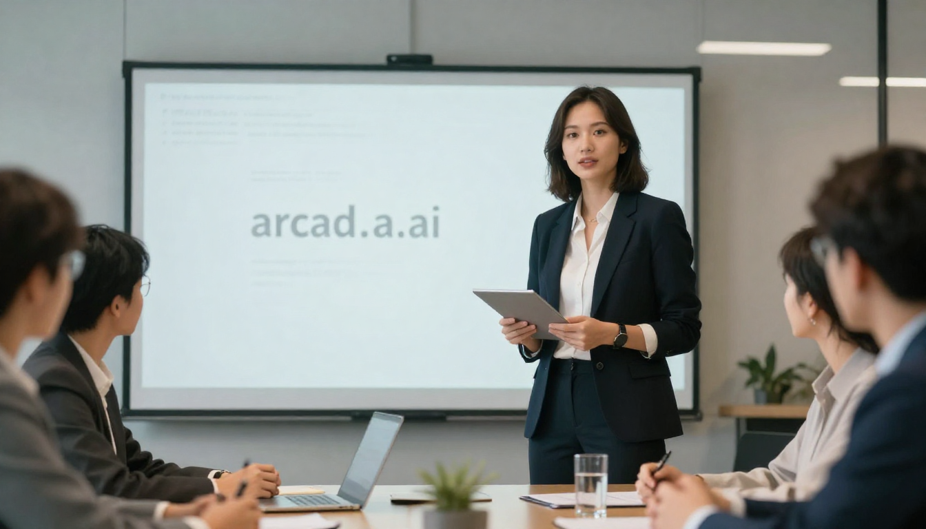 Professional woman presenting arcads.ai results in team meeting, modern conference room, whiteboard behind - arcads.ai