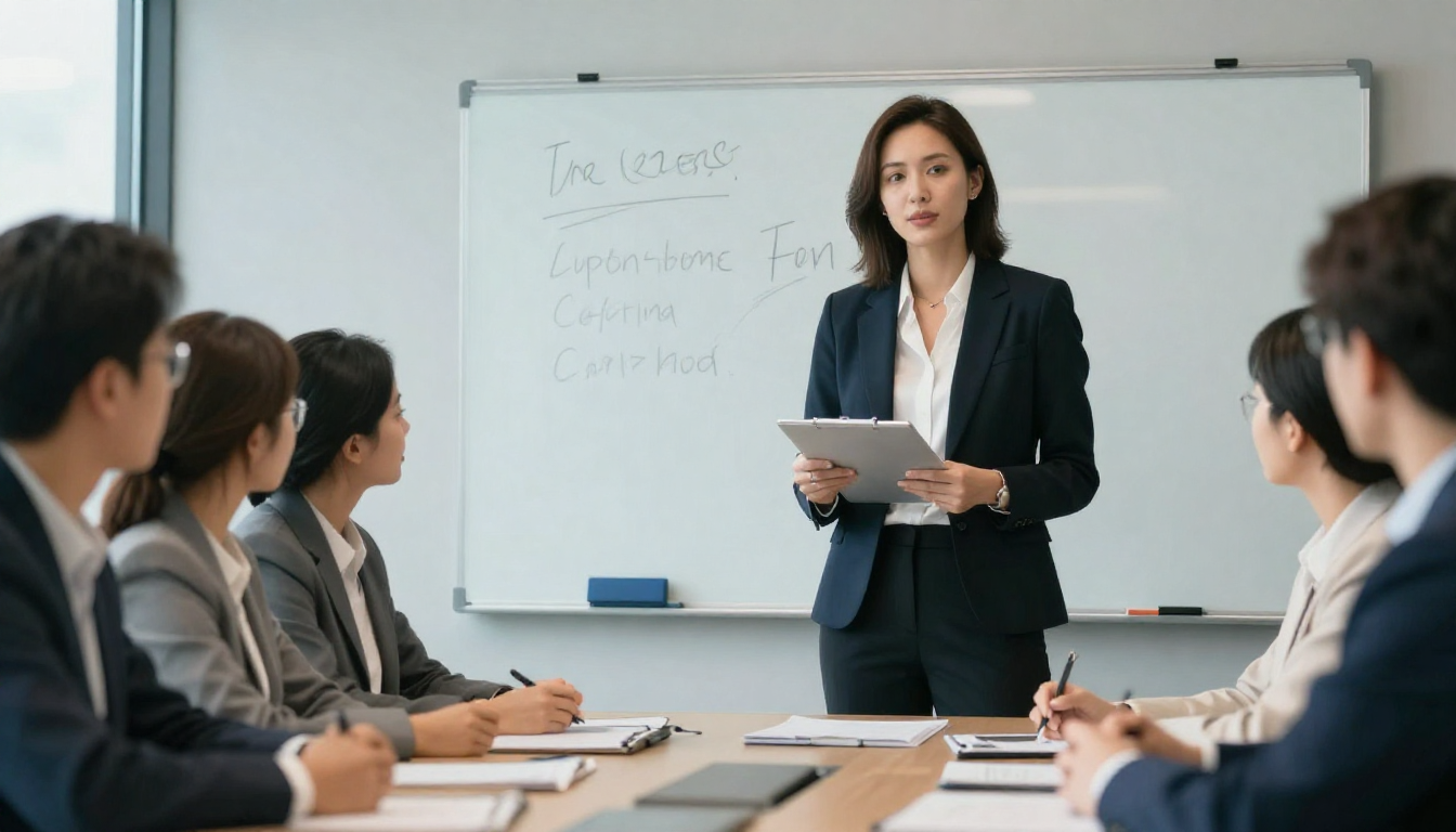 Professional woman presenting ads law firm results in team meeting, modern conference room, whiteboard behind - ads law firm
