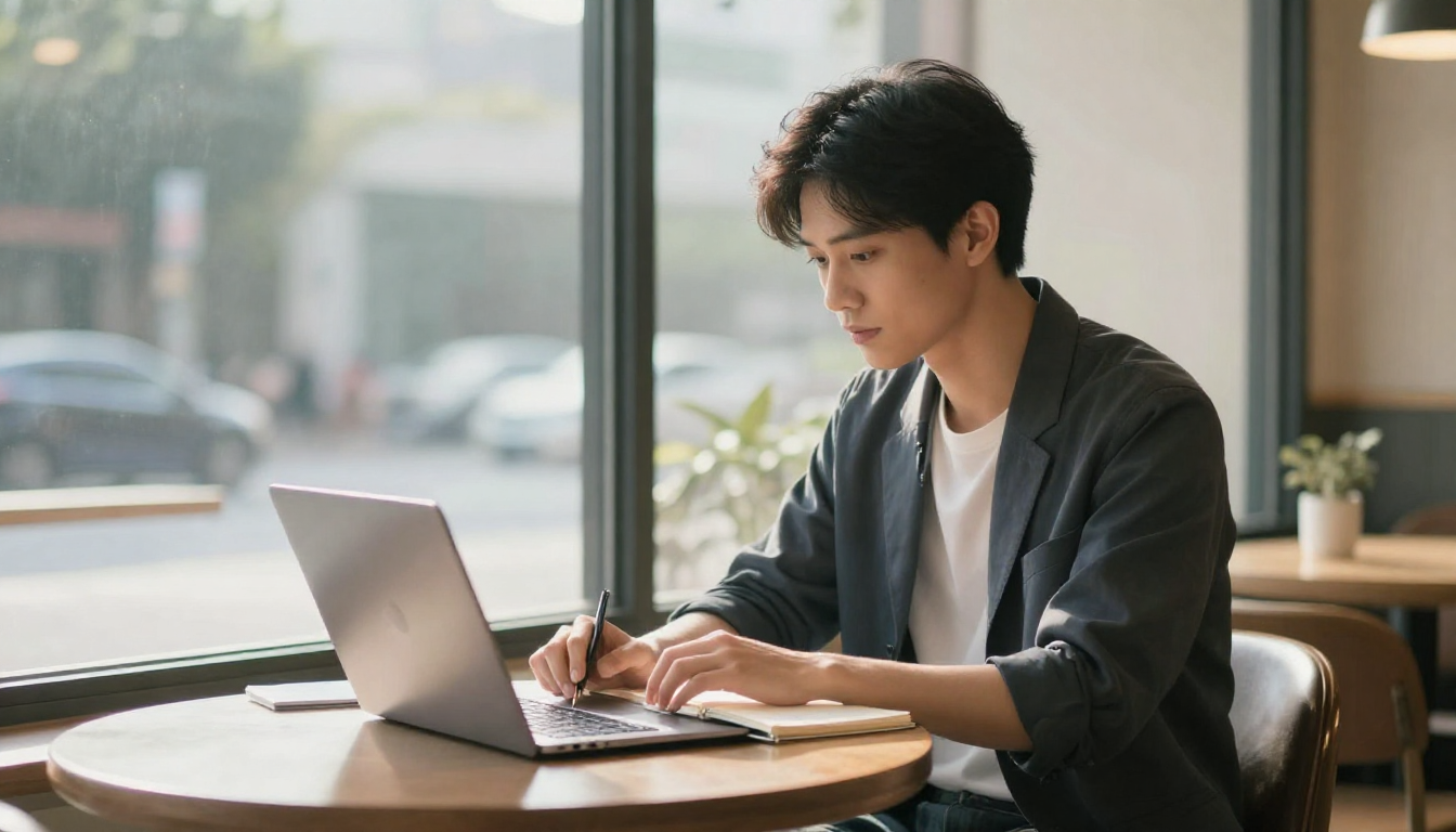 Solo entrepreneur scaling with ads law firm, coffee shop window seat, laptop and notebook, morning light - ads law firm