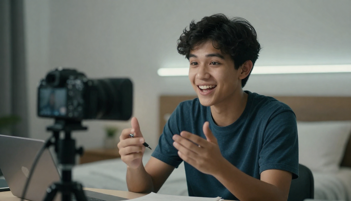 Young creator filming ads law firm testimonial, bedroom setup with LED strips, genuine enthusiastic smile - ads law firm