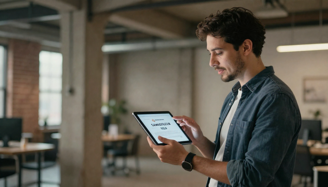 Creative director brainstorming ads law firm campaign ideas on tablet, industrial loft with exposed brick - ads law firm
