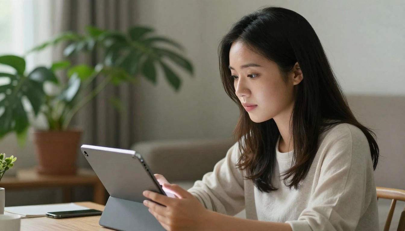 Young Asian woman testing ads law firm platform on tablet, cozy home setting, plants in background - ads law firm