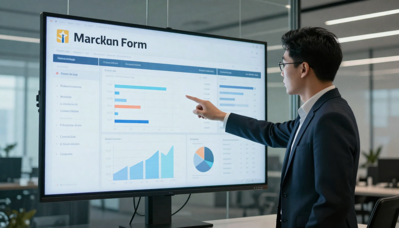 Marketing professional pointing at ads law firm analytics dashboard on large screen, modern glass office - ads law firm