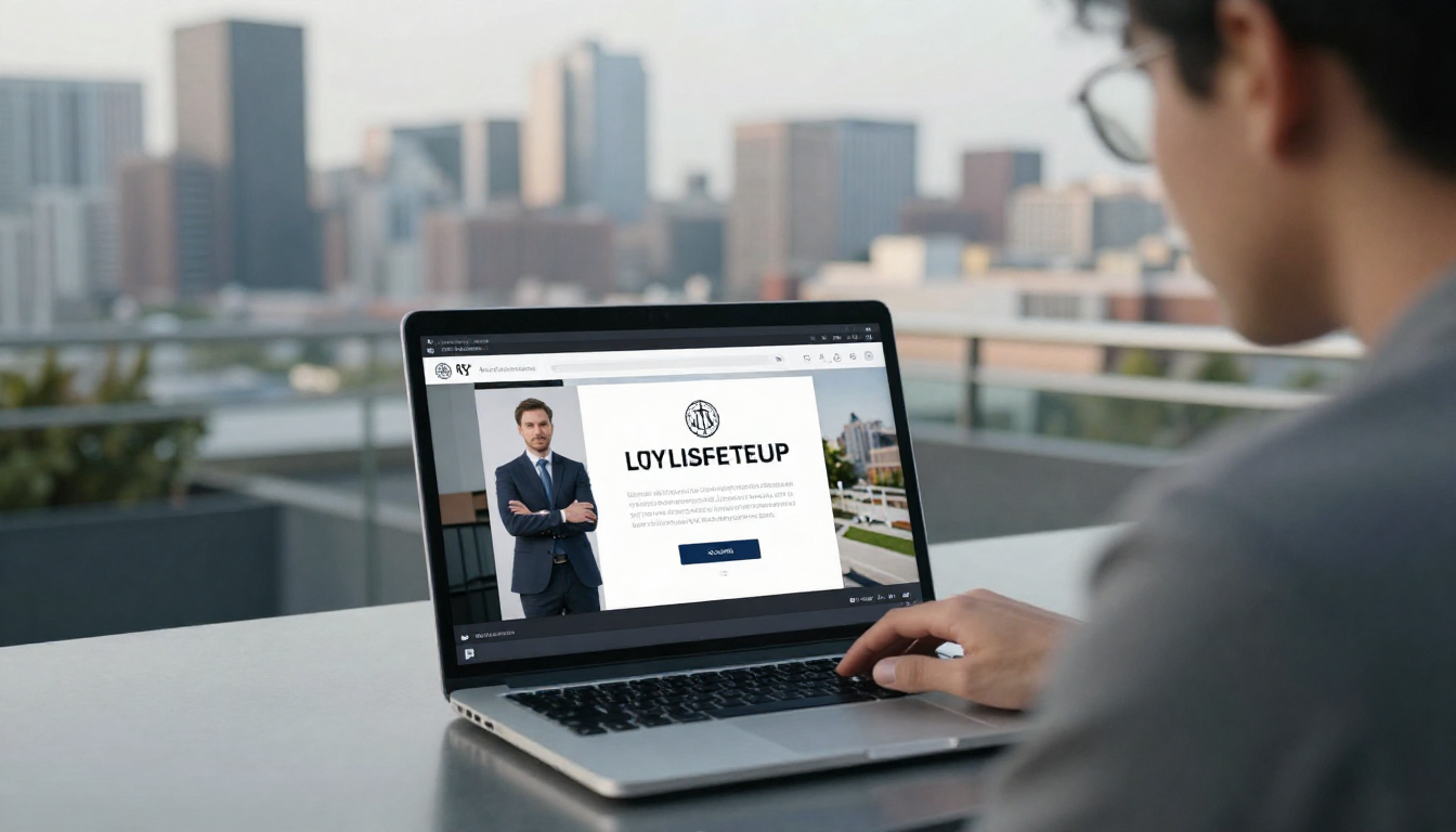 Male content strategist editing ads law firm video on MacBook, rooftop terrace with city skyline backdrop - ads law firm