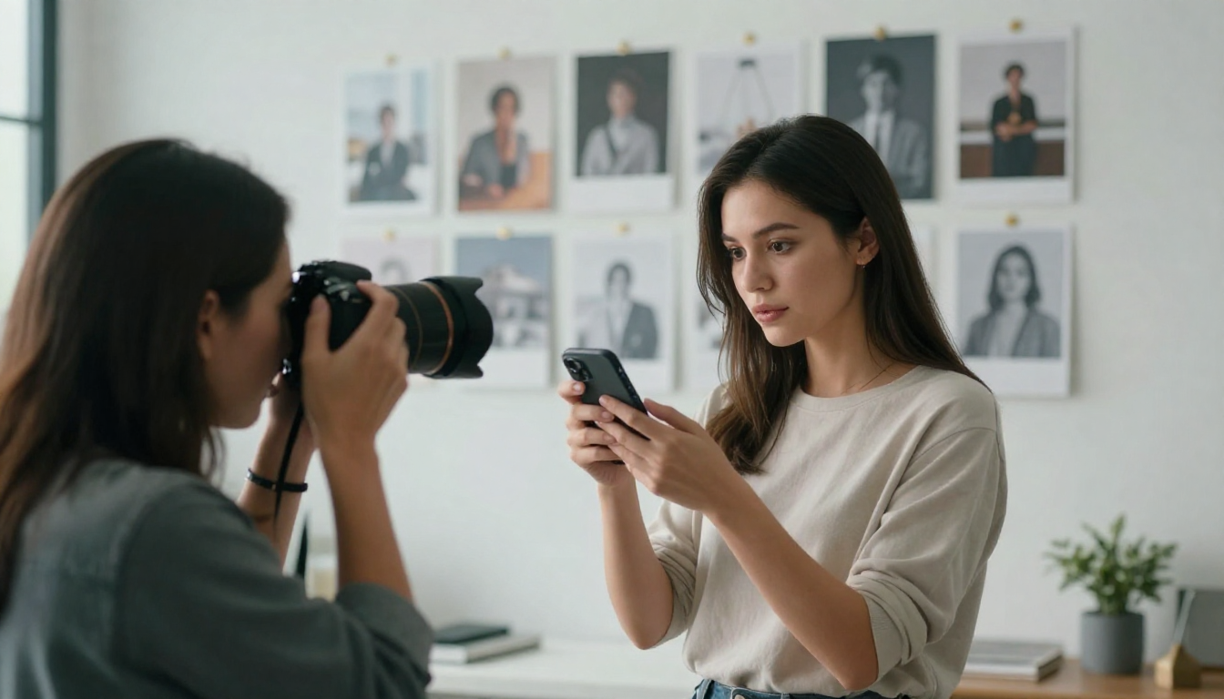 Female photographer using ads law firm for client work, creative studio with mood boards on wall - ads law firm