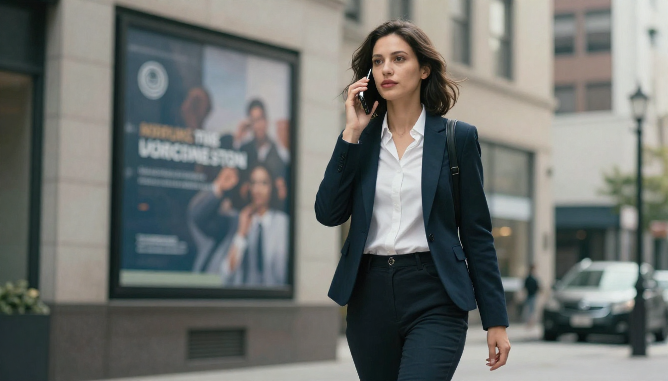 Business woman on phone discussing ads law firm strategy, walking in urban downtown, confident stride - ads law firm