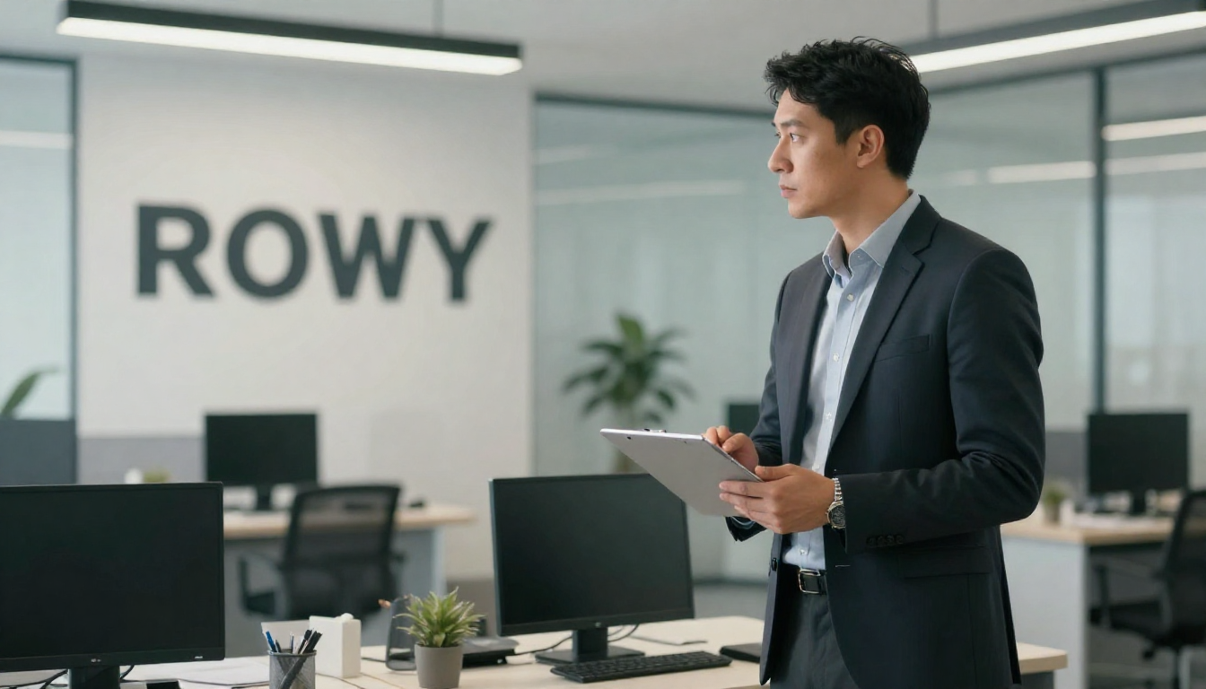 Male agency owner presenting ads law firm client results, standing desk setup, modern minimalist room - ads law firm