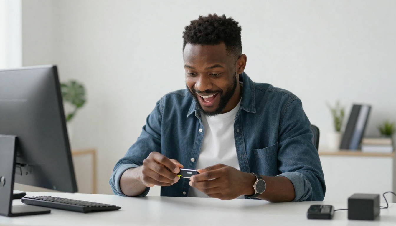 Black male tech enthusiast unboxing acard tool, clean desk setup, excited genuine reaction - acard