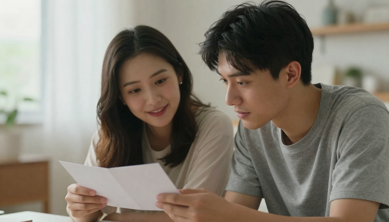 Young couple collaborating on acard content, bright airy apartment, authentic candid moment - acard