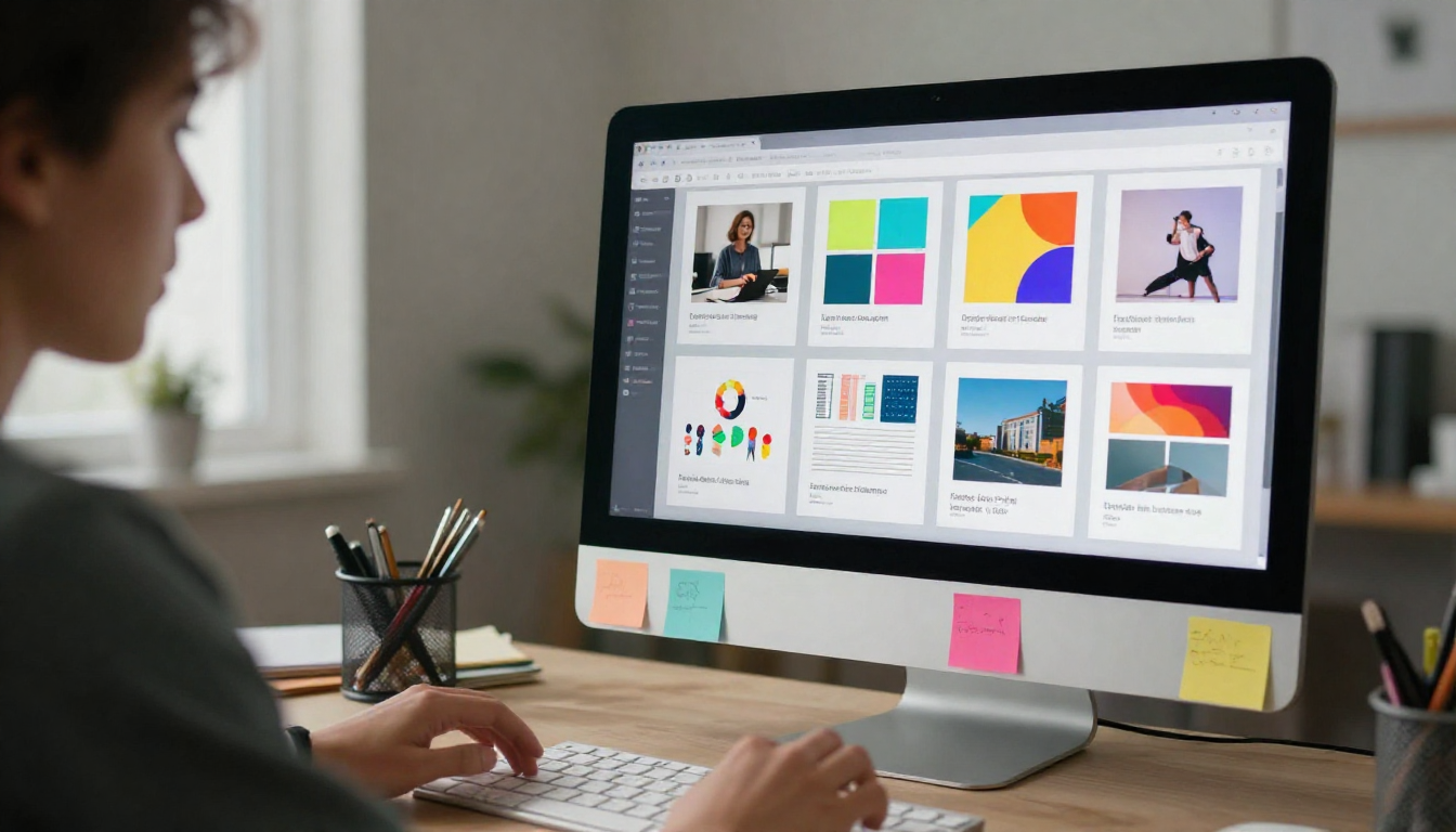 Young designer prototyping acard visual content, iMac setup, colorful stickers on desk - acard