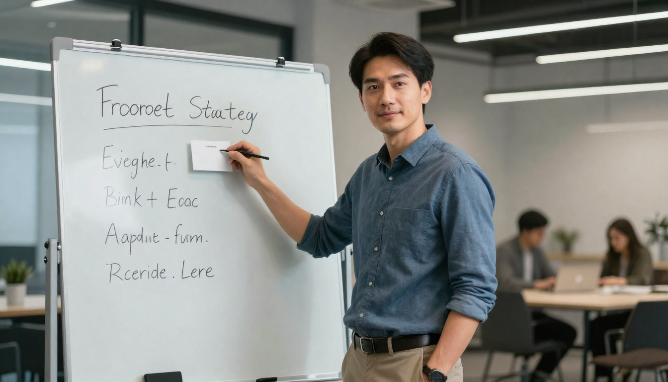 Male entrepreneur presenting acard strategy on whiteboard in sleek coworking space, confident stance, business casual - acard