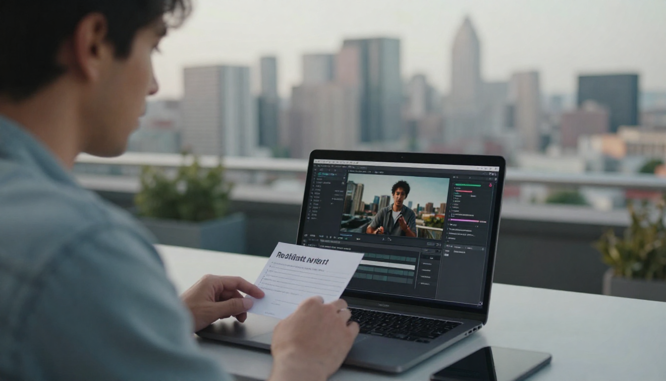 Male content strategist editing acard video on MacBook, rooftop terrace with city skyline backdrop - acard