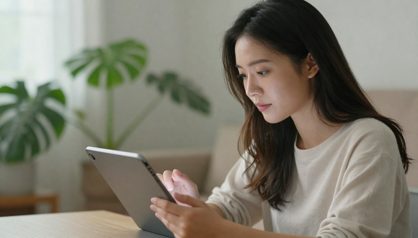 Young Asian woman testing acard platform on tablet, cozy home setting, plants in background - acard