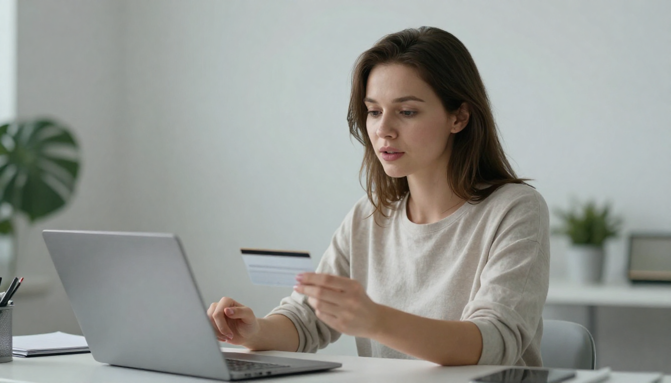 Woman in her 30s discussing acard on video call in minimalist Scandinavian office, soft lighting - acard