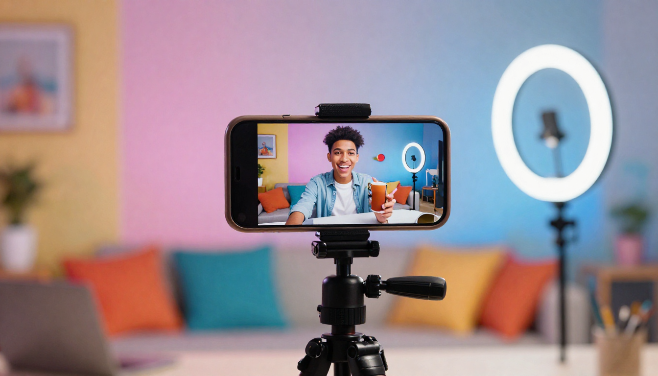 Gen Z influencer creating best ai-driven ugc video platforms for startups content with smartphone on tripod, colorful bedroom setup, ring light - best ai-driven ugc video platforms for startups