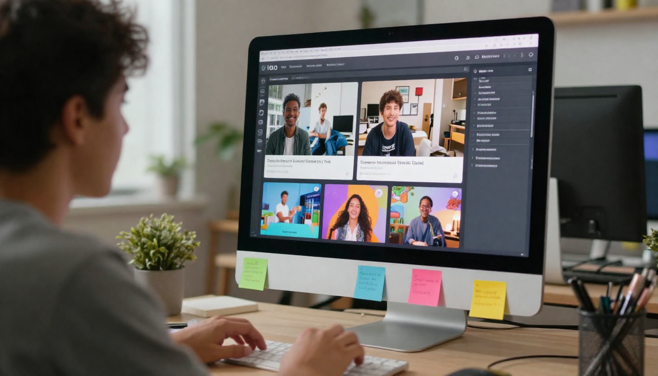 Young designer prototyping best ai-driven ugc video platforms for startups visual content, iMac setup, colorful stickers on desk - best ai-driven ugc video platforms for startups