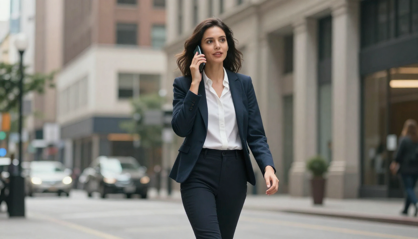 Business woman on phone discussing best ai-driven ugc video platforms for startups strategy, walking in urban downtown, confident stride - best ai-driven ugc video platforms for startups