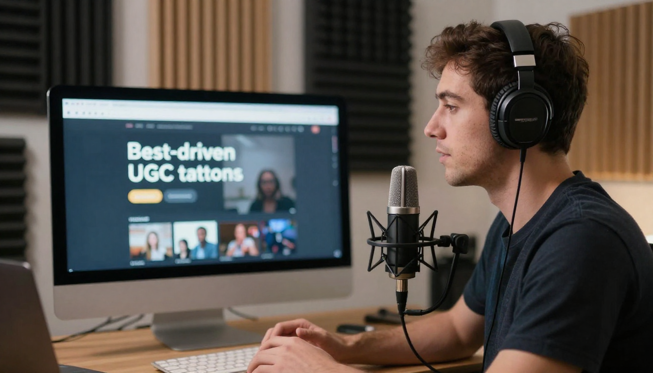Male vlogger discussing best ai-driven ugc video platforms for startups trends, home studio with acoustic panels, professional microphone - best ai-driven ugc video platforms for startups