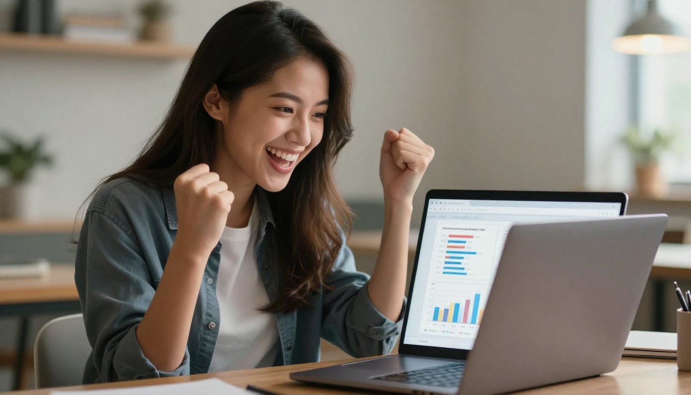 Young woman celebrating best ai-driven ugc video platforms for startups campaign success, laptop open with graphs, fist pump expression - best ai-driven ugc video platforms for startups