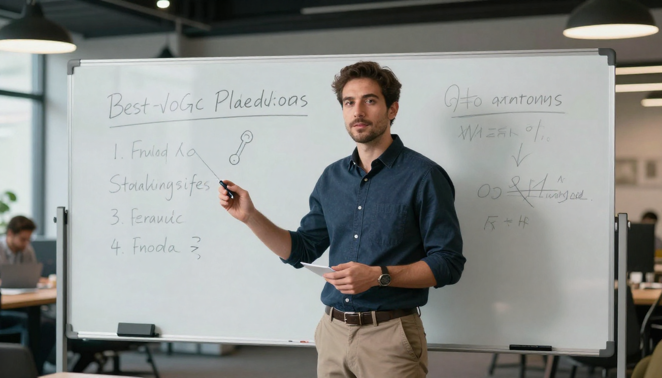 Male entrepreneur presenting best ai-driven ugc video platforms for startups strategy on whiteboard in sleek coworking space, confident stance, business casual - best ai-driven ugc video platforms for startups