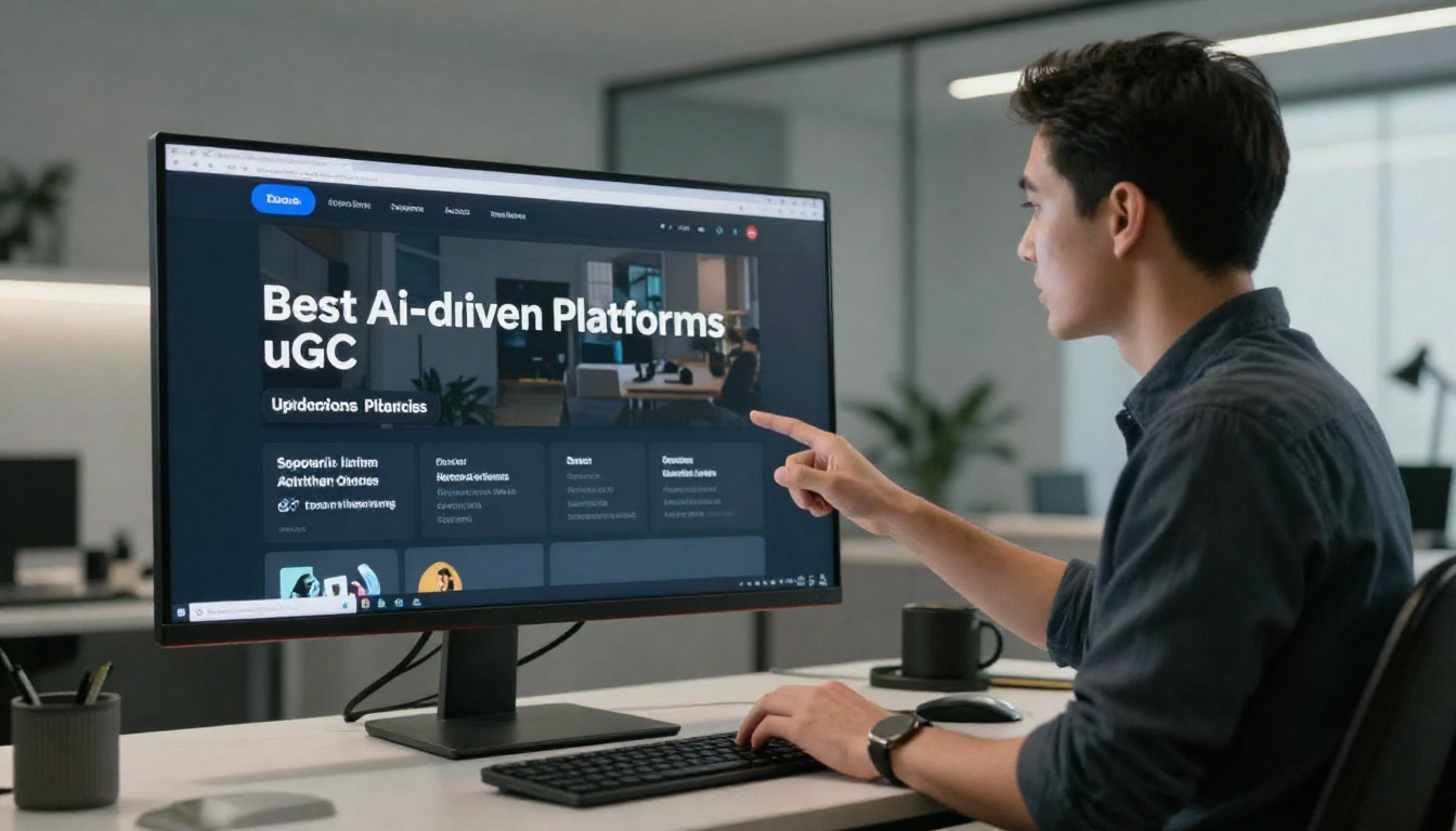 Male agency owner presenting best ai-driven ugc video platforms for startups client results, standing desk setup, modern minimalist room - best ai-driven ugc video platforms for startups