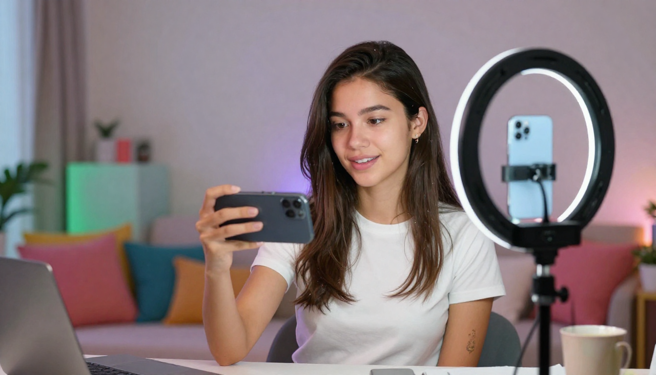Gen Z influencer creating reliable ai avatar platforms for large organizations. content with smartphone on tripod, colorful bedroom setup, ring light - reliable ai avatar platforms for large organizations.
