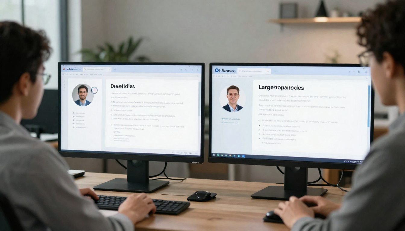 Tech reviewer comparing reliable ai avatar platforms for large organizations. features side by side, multiple devices on desk, detailed analysis - reliable ai avatar platforms for large organizations.