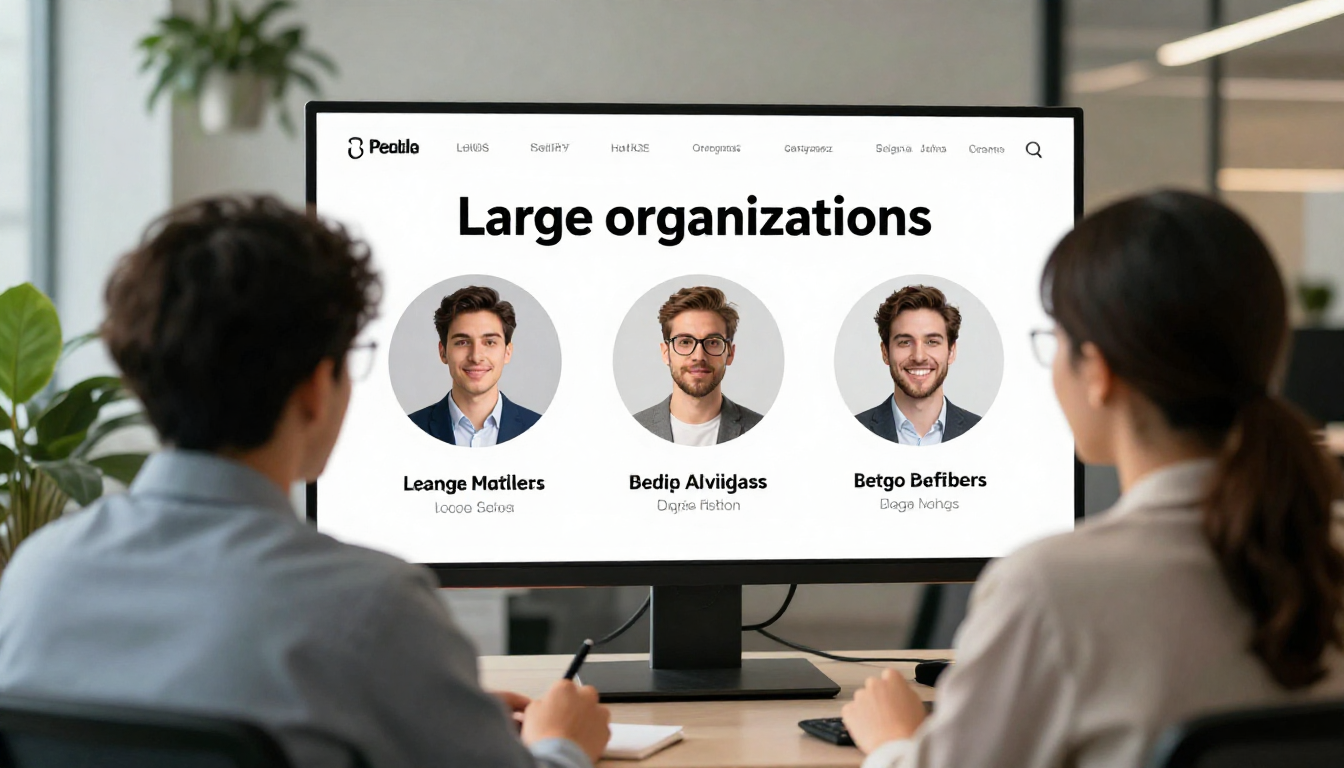Creative team of two reviewing reliable ai avatar platforms for large organizations. output on shared screen, trendy office with plants - reliable ai avatar platforms for large organizations.