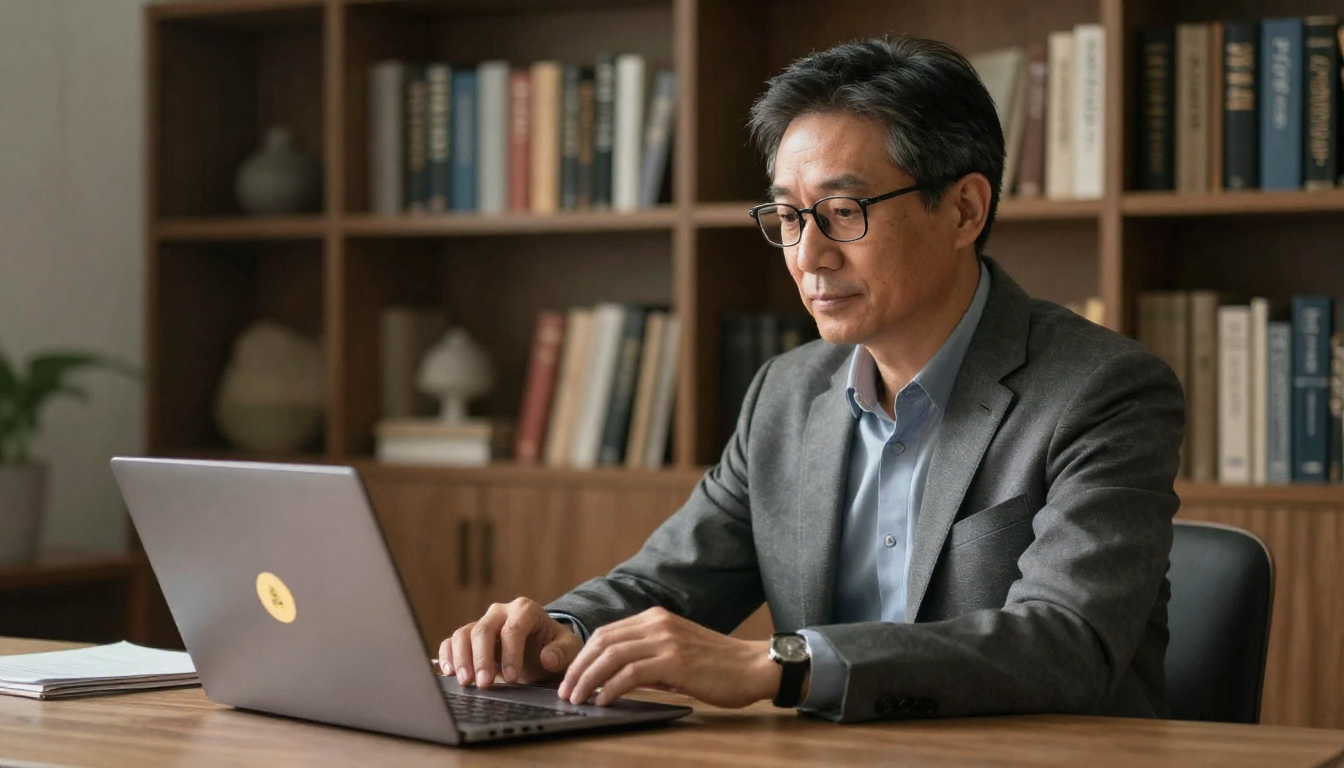 Middle-aged businessman evaluating reliable ai avatar platforms for large organizations. ROI on laptop, executive home office, bookshelf background - reliable ai avatar platforms for large organizations.