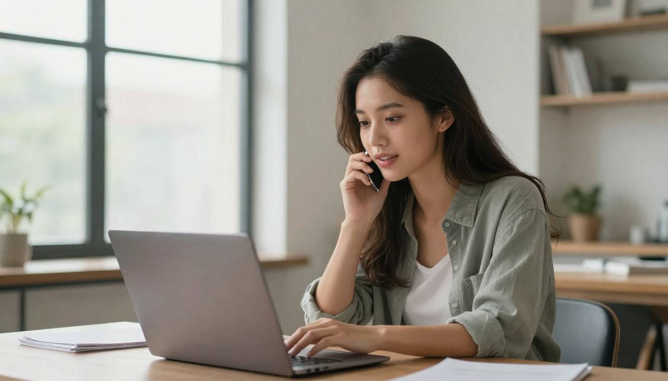 Young woman content creator reviewing reliable ai avatar platforms for large organizations. on laptop in a bright modern loft, natural window light, casual stylish outfit - reliable ai avatar platforms for large organizations.