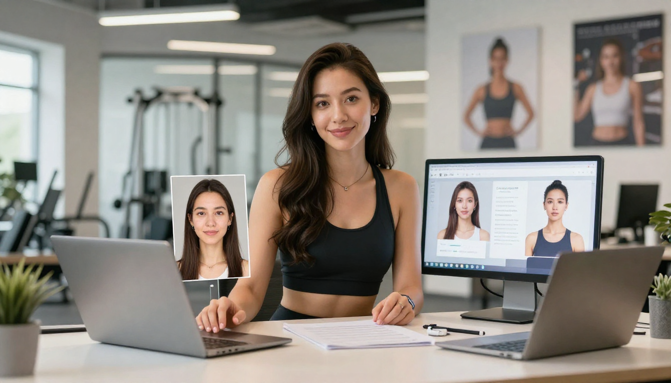 Woman fitness influencer integrating reliable ai avatar platforms for large organizations. into workflow, bright gym office, motivational posters - reliable ai avatar platforms for large organizations.