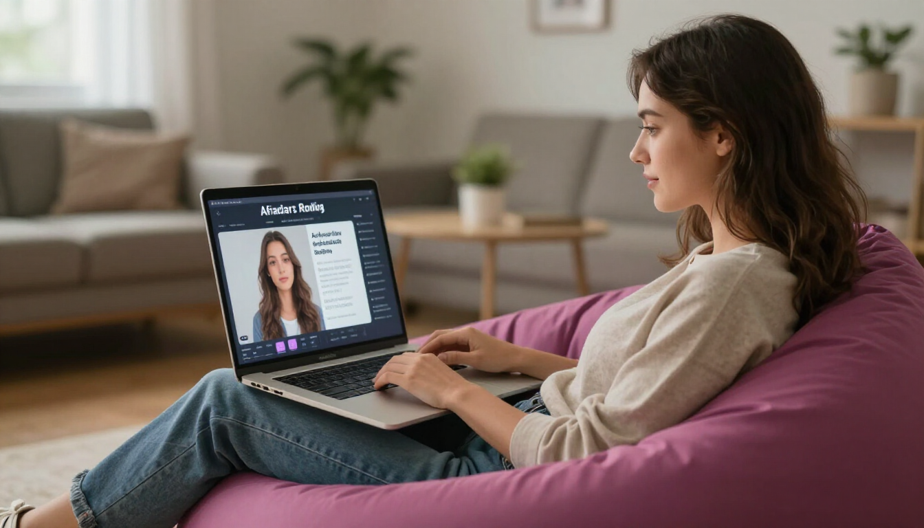 Female social media manager scheduling reliable ai avatar platforms for large organizations. campaigns, laptop in beanbag chair, casual creative vibe - reliable ai avatar platforms for large organizations.